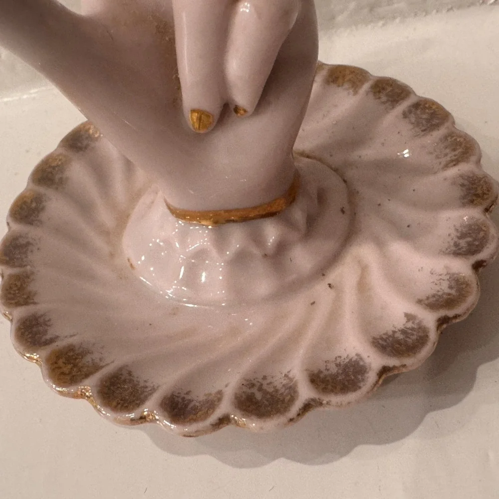 Vintage Pink Ceramic Hand Ring Holder Gold Gilt Scalloped Jewelry Dish Japan